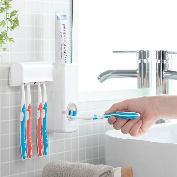 DentClean™ – Dispensador de Pasta de Dientes + Soporte para Cepillos