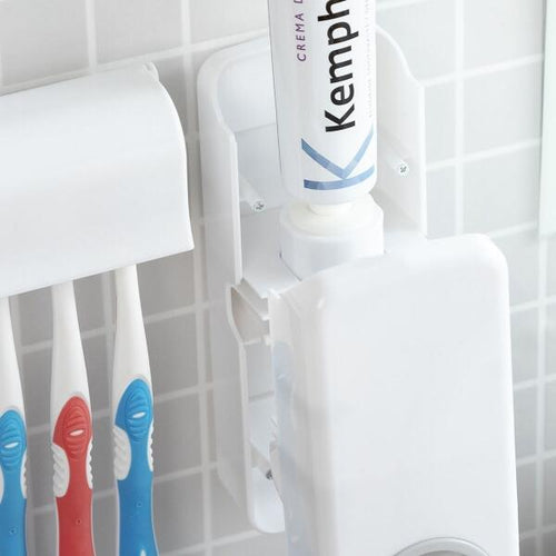 DentClean™ – Dispensador de Pasta de Dientes + Soporte para Cepillos