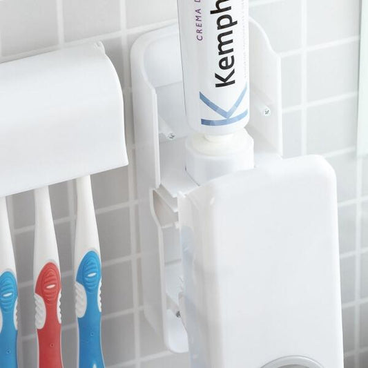 DentClean™ – Dispensador de Pasta de Dientes + Soporte para Cepillos